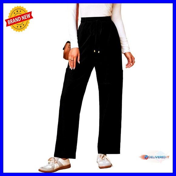 Pants - High Waisted Cotton Drawstring Pants Casual Loose Fit Travel Trousers with
